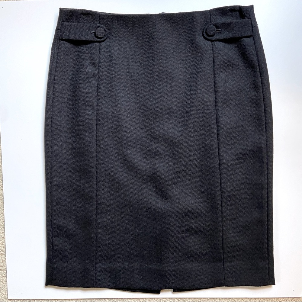 J Crew Black Herringbone Wool Pencil Skirt with Side Button Detail.